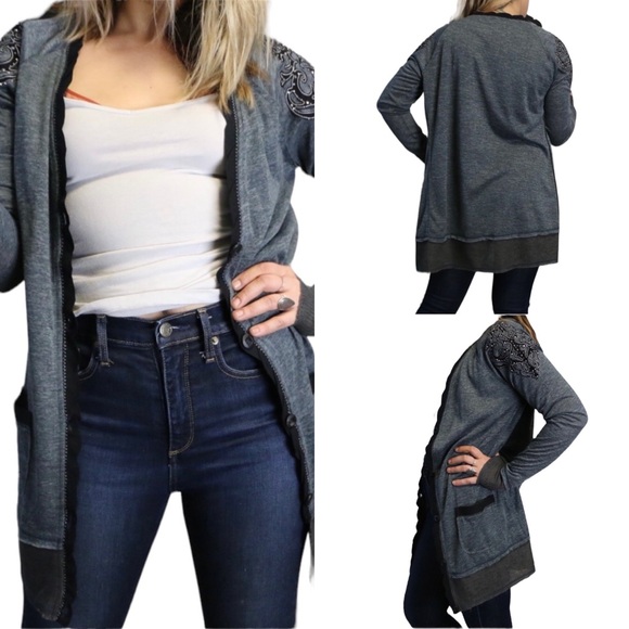 Miss Me Cardigan Distressed Studded Appliqued Embellished Button Up Gray - Picture 3 of 11